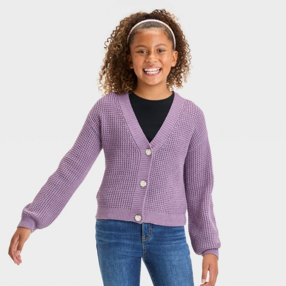 Girls' Short Waffle Button-Front Sweater - Cat & Jack Dusty Purple L (10/12)